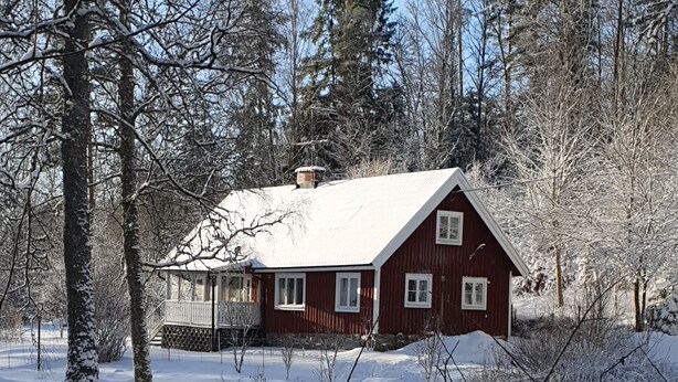 Una baita di legno rossa con un portico, circondata da alberi innevati e un cielo sereno.