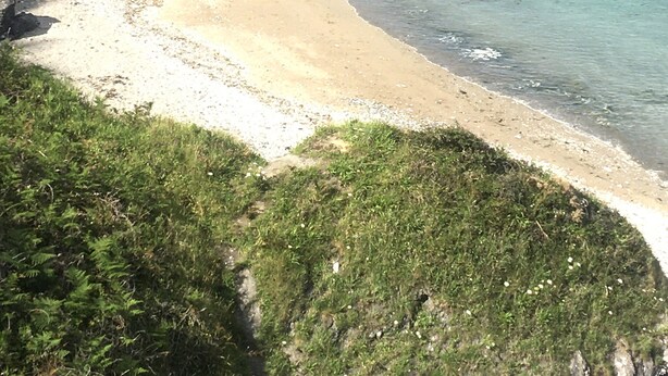 Eine Küstenlandschaft mit sandigem Strand, Felsformationen und üppigem Grün.