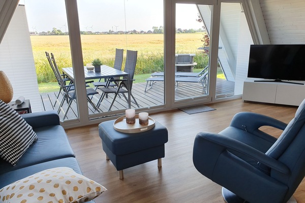 Smart-TV, Kamin, Bücher, Stereoanlage