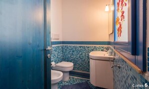 Shower, hair dryer, bidet, towels