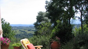 A white lounge chair with a red cushion and a small table, surrounded by potted plants and overlooking a scenic landscape. - Holiday house for 2 pesons on small Estate with pool, near hot springs (Civitella Marittima)