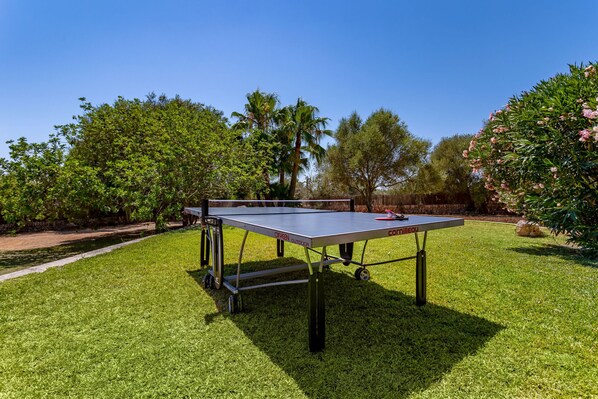 Una mesa de ping pong al aire libre sobre un césped, con árboles y arbustos de fondo.