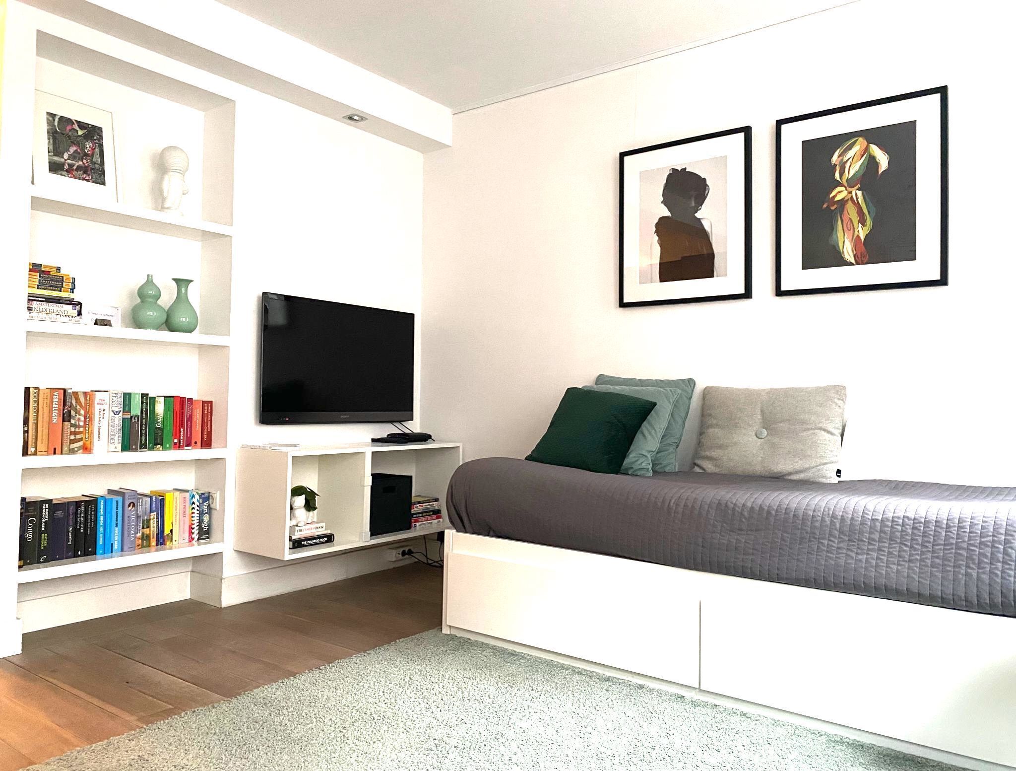 A modern bedroom with a bed, a TV, a bookshelf, and two framed artworks.