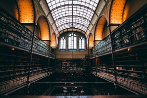 A library interior with high arched ceilings, large windows, and bookshelves filled with books.