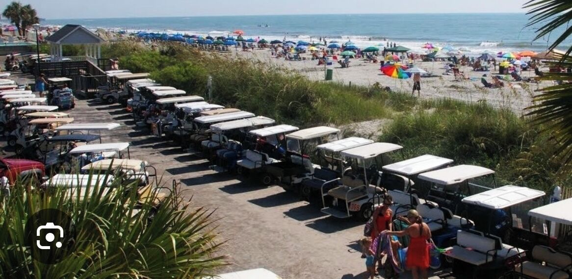 A beachside parking area with rows of golf carts and a beach in the background.