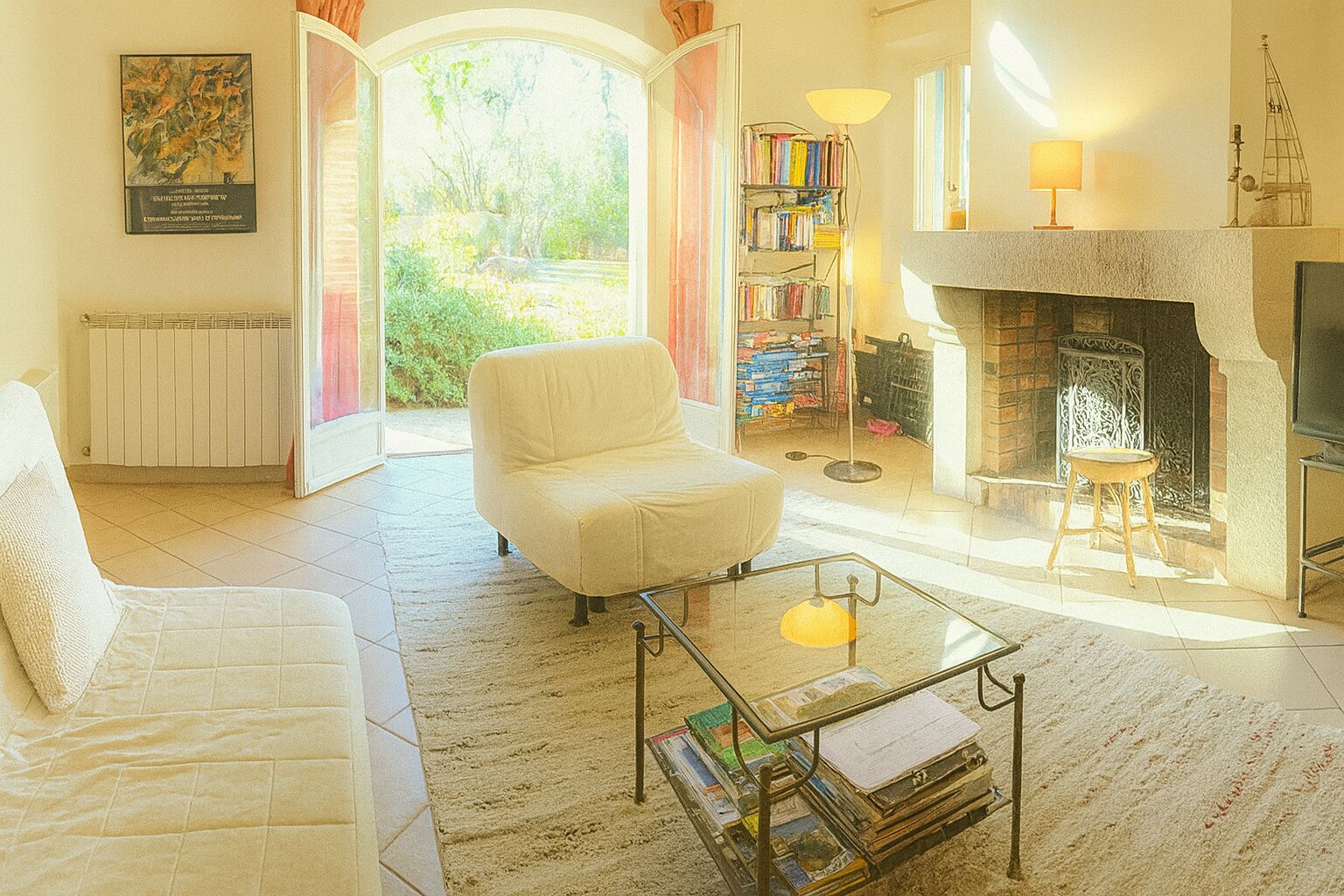 A living room with a white armchair, a glass coffee table with magazines, a fireplace, a bookshelf, and a view of greenery through large windows.