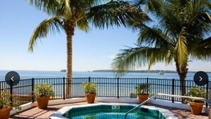 Un jacuzzi con vistas al mar, rodeado de palmeras y plantas en macetas.