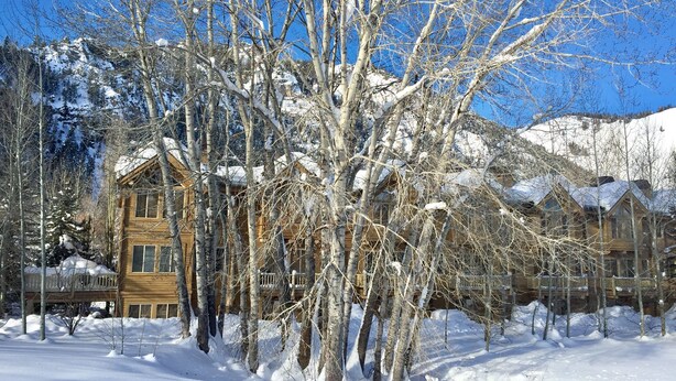 A wooden lodge with multiple rooms, surrounded by snow-covered trees and mountains in the background.