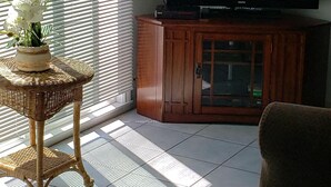 A living room with a television on a wooden cabinet, a wicker table with a vase of flowers, and a large window with blinds.