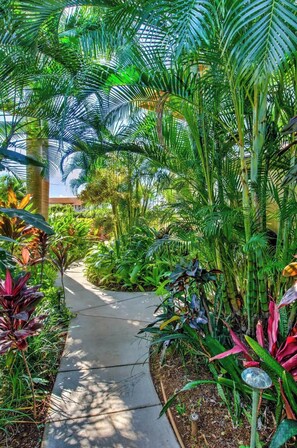 A pathway surrounded by lush tropical plants and a glass ceiling structure. - Aloha Villa: AC, Garden, Short Walk to Poipu Beach (Koloa)