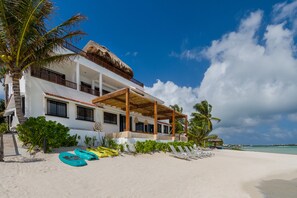 On the beach, sun loungers, beach towels