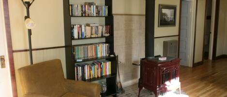 A living room with a brown sofa, a bookshelf filled with books, a fireplace, and a lamp.