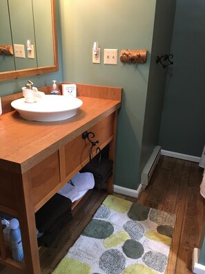 Hair dryer, towels, soap, toilet paper