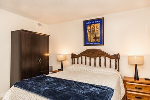 1 bedroom, desk, iron/ironing board, travel cot