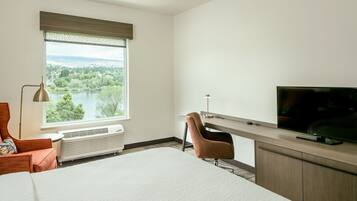 A hotel room with a large bed, a desk with a TV, a chair, a window with a view of trees and water, and a heater.