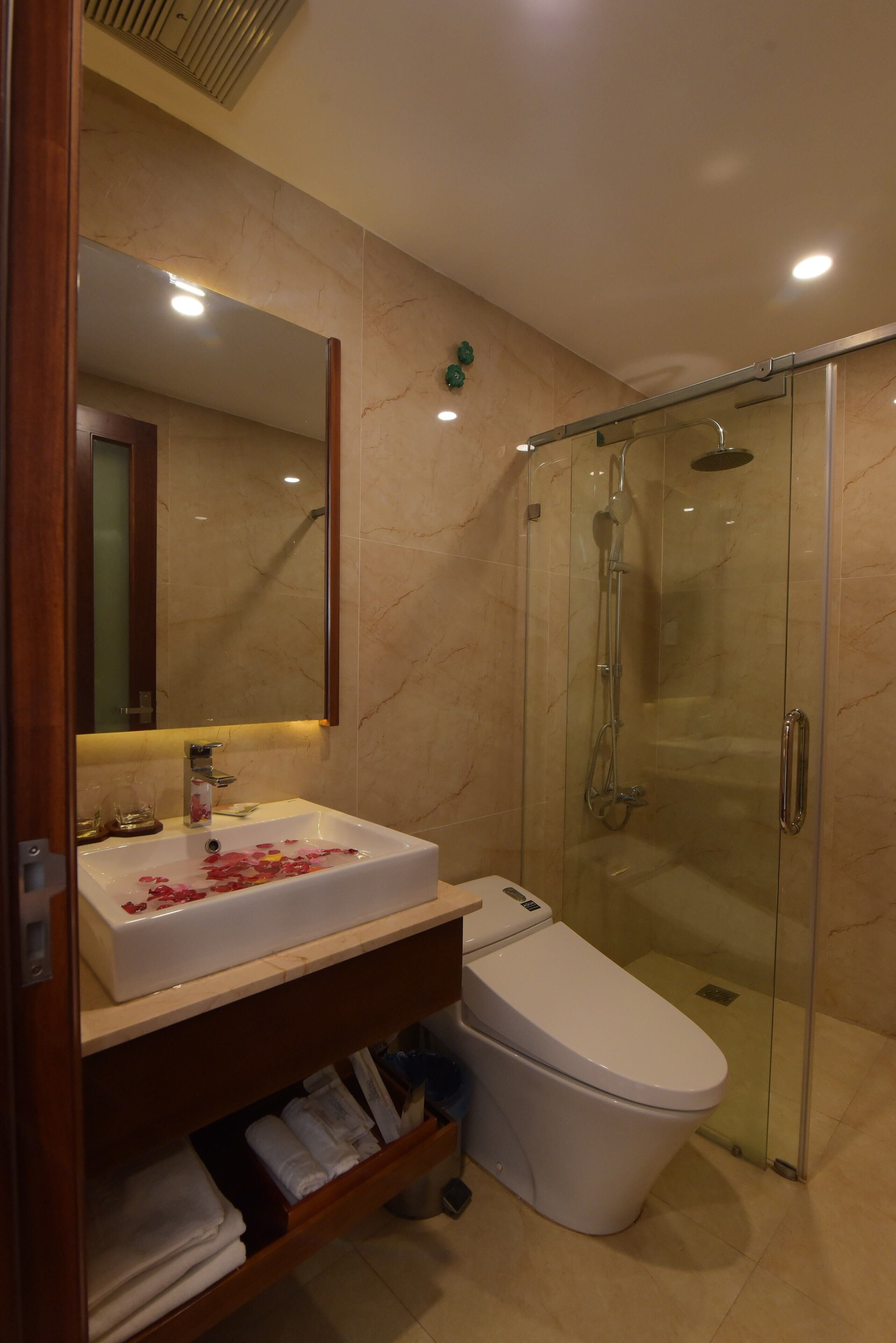 deluxe double room | bathroom | shower, designer toiletries, hair dryer, bathrobes