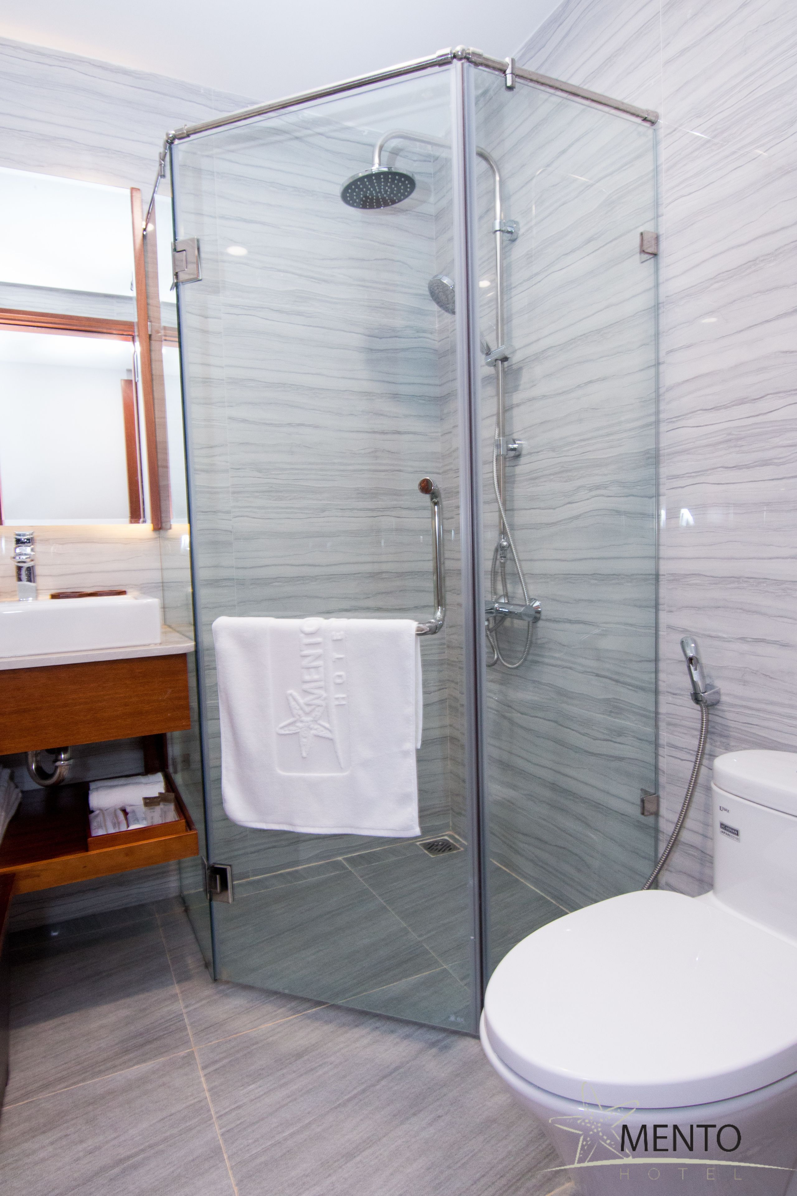 superior double room | bathroom | shower, designer toiletries, hair dryer, bathrobes