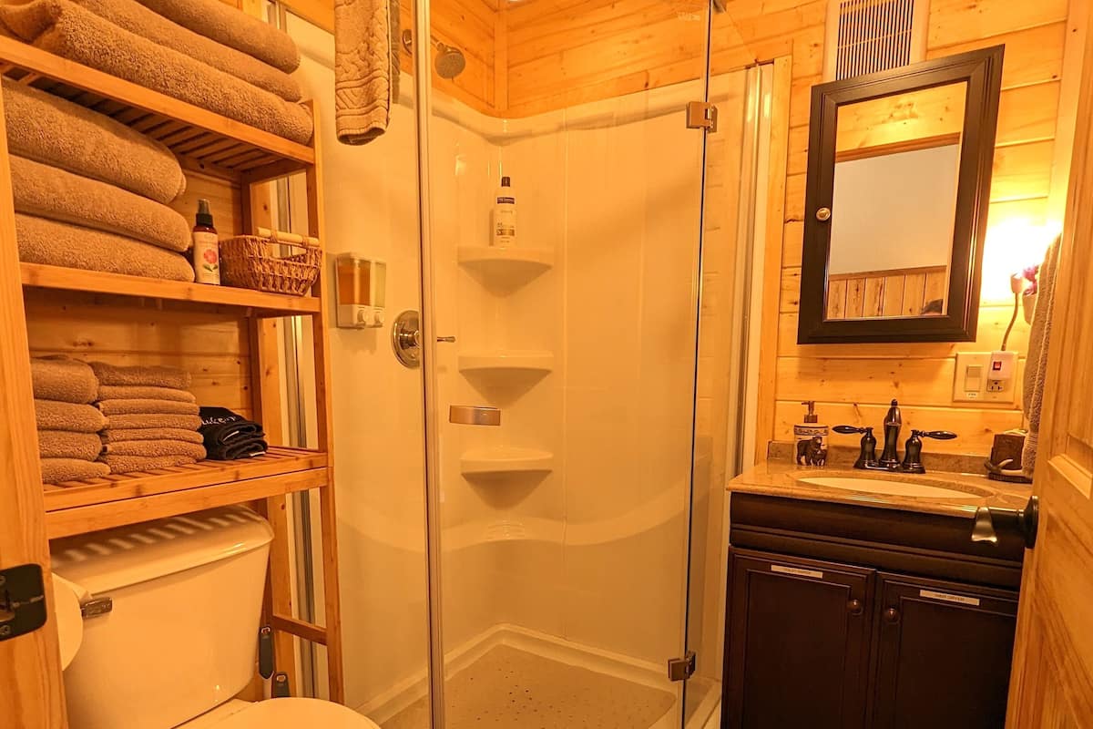 Standard Cabin #5 | Bathroom | Shower, hair dryer, towels, soap