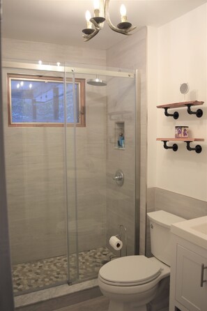 Shower, jetted tub, hair dryer, towels