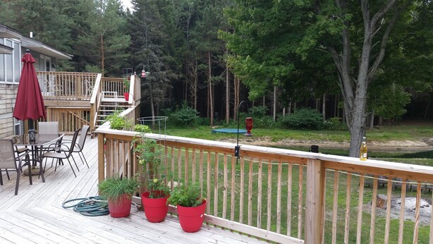 Eine Holzterrasse mit Gartenmöbeln, Kübelpflanzen und Blick auf ein bewaldetes Gebiet.
