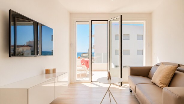 Una sala de estar moderna con un sofá, una mesa de centro y un televisor montado en la pared.
