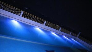 A nighttime swimming pool with a dolphin.
