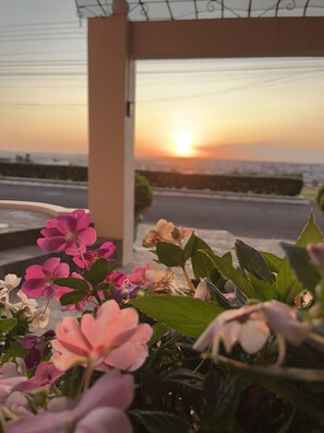 A view of a sunset over a body of water, with flowers in the foreground. - Hotel São Marcos (Orlandia)