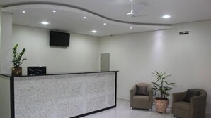 Zona de recepción con mostrador de mármol, dos sillones, una planta en maceta y un ventilador de techo.