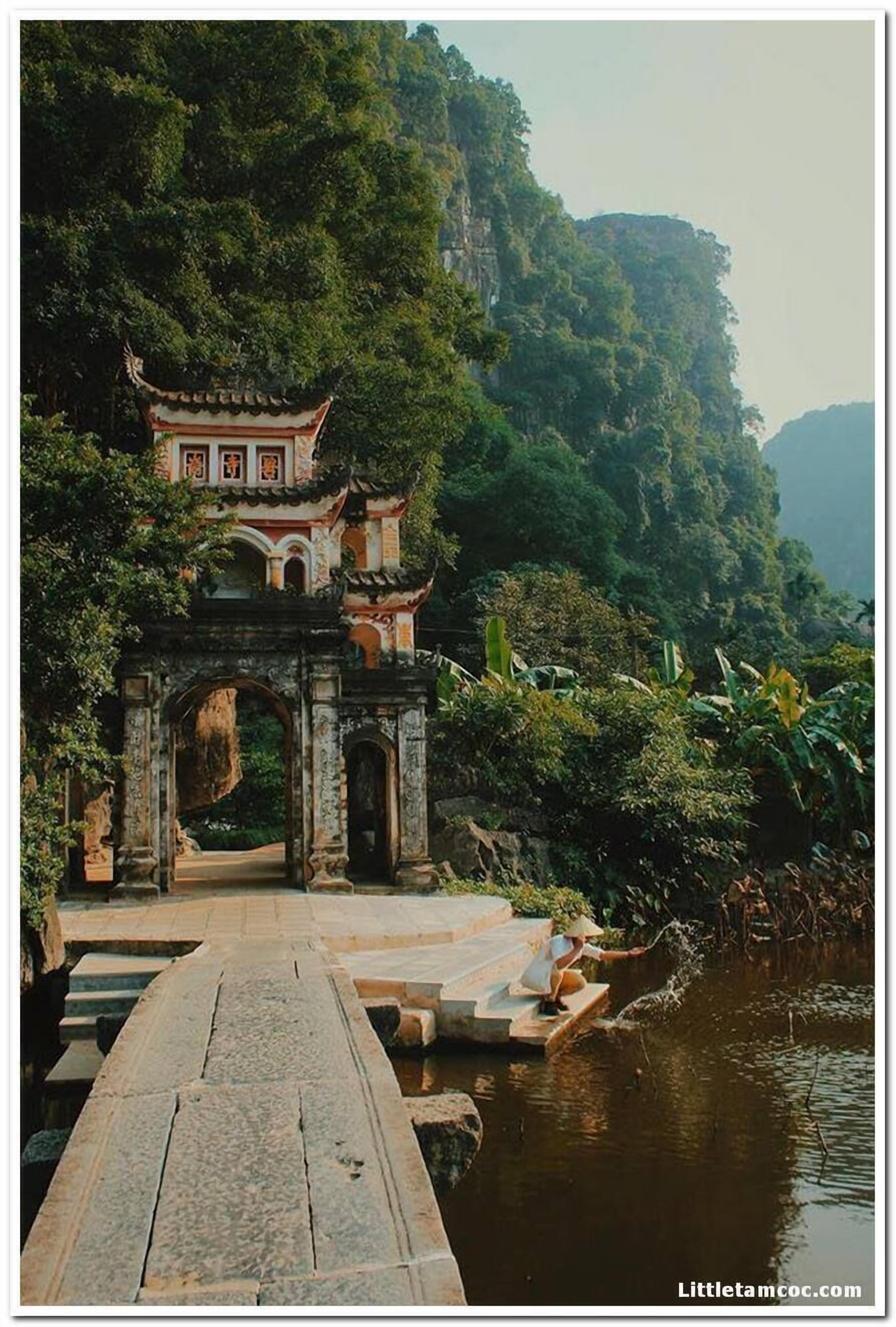 A traditional temple with a stone pathway leading to an archway, surrounded by lush greenery and a river.