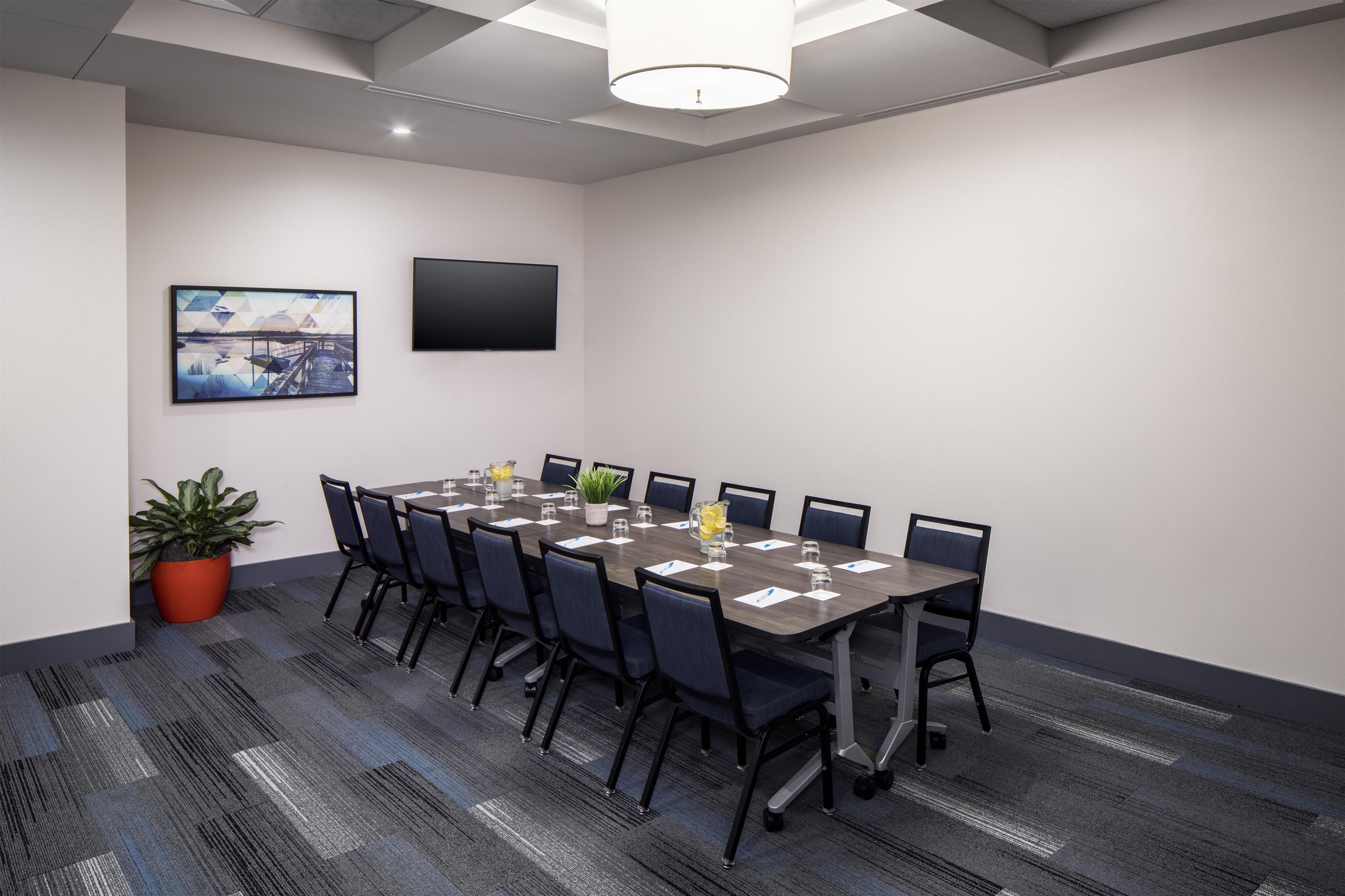 A conference room with a long table, chairs, a potted plant, and a flat-screen TV on the wall.