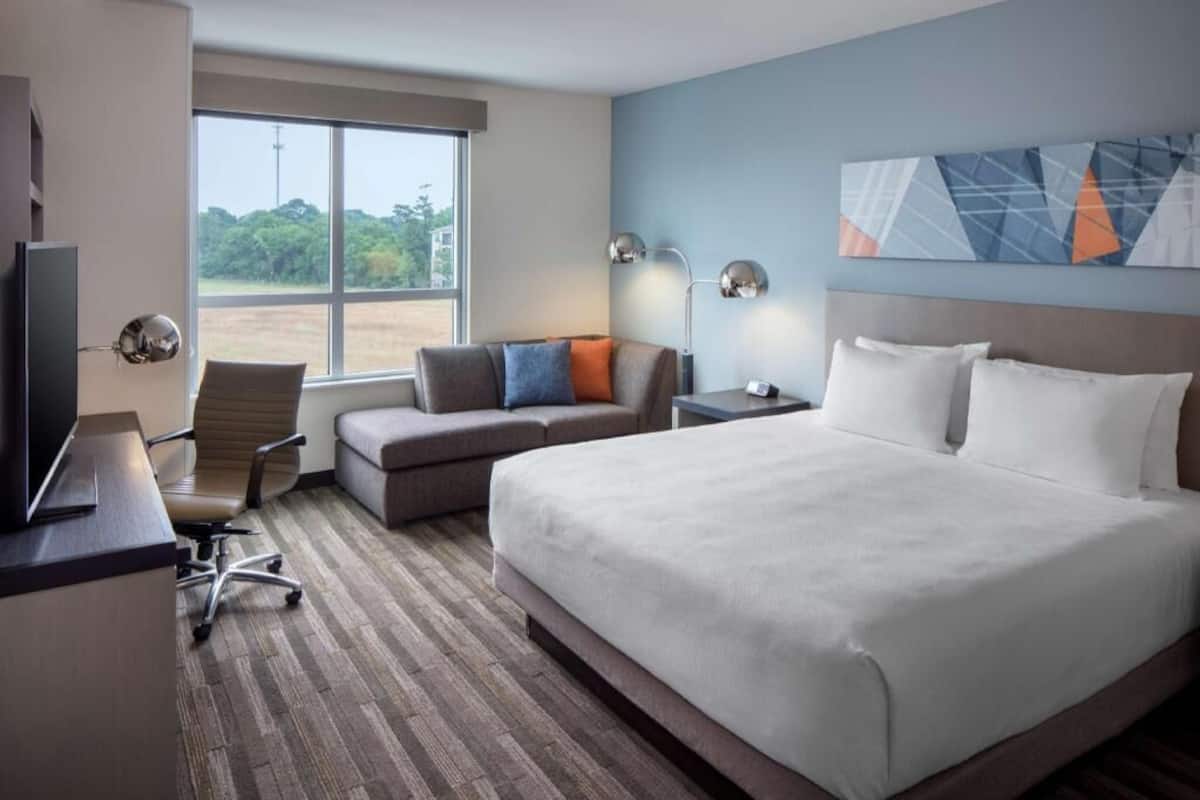 A hotel room with a large bed, a desk with a TV, a chair, a sofa, and a window with a view of greenery.