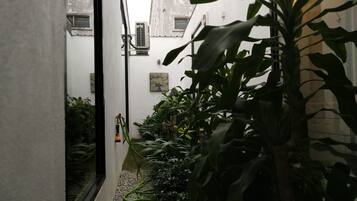Une ruelle étroite, avec un jardin d’un côté et un immeuble de l’autre.