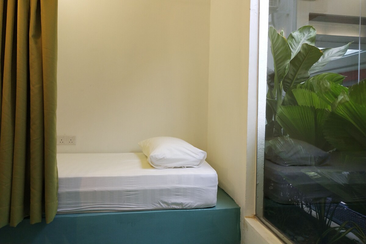 Une petite chambre avec un lit simple, une fenêtre, un rideau et une plante.