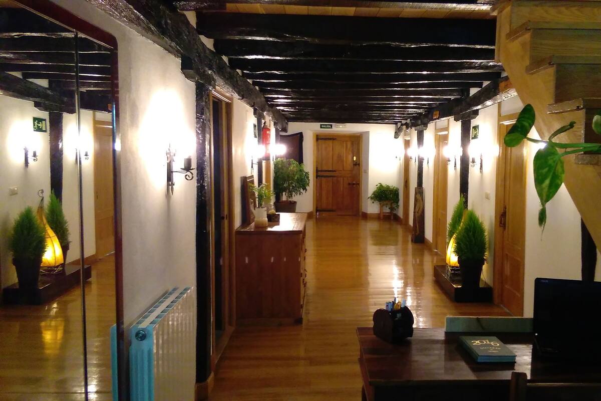 A hallway with wooden floors, potted plants, and a wooden door labeled "SALIDA".