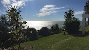 Uma área gramada com vista para o mar, cercada por palmeiras e uma construção branca.