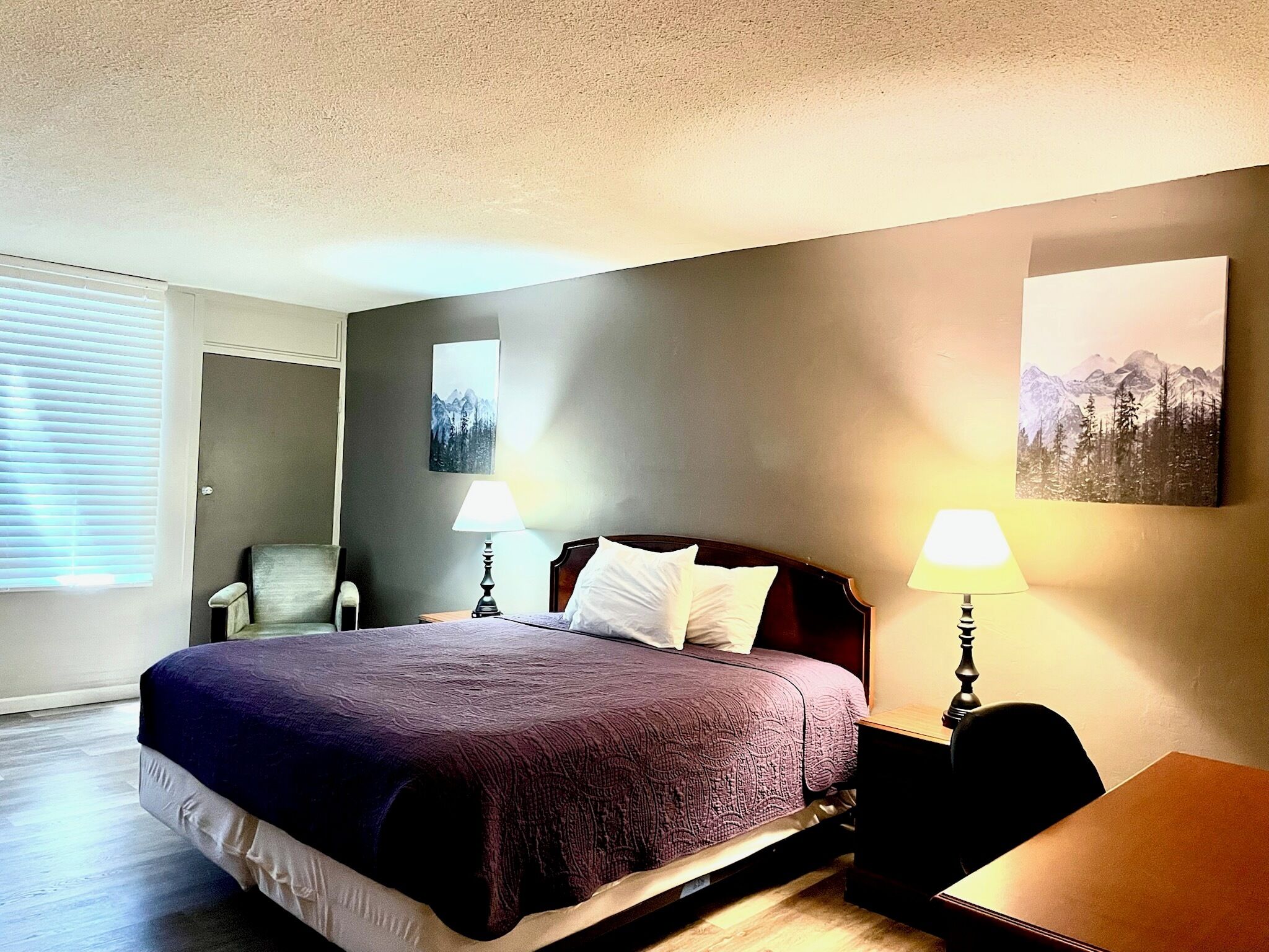 Habitación de hotel con una cama grande, dos lámparas de noche, una silla y dos cuadros colgados en la pared.