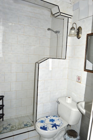 Un baño con inodoro, ducha y lavamanos.