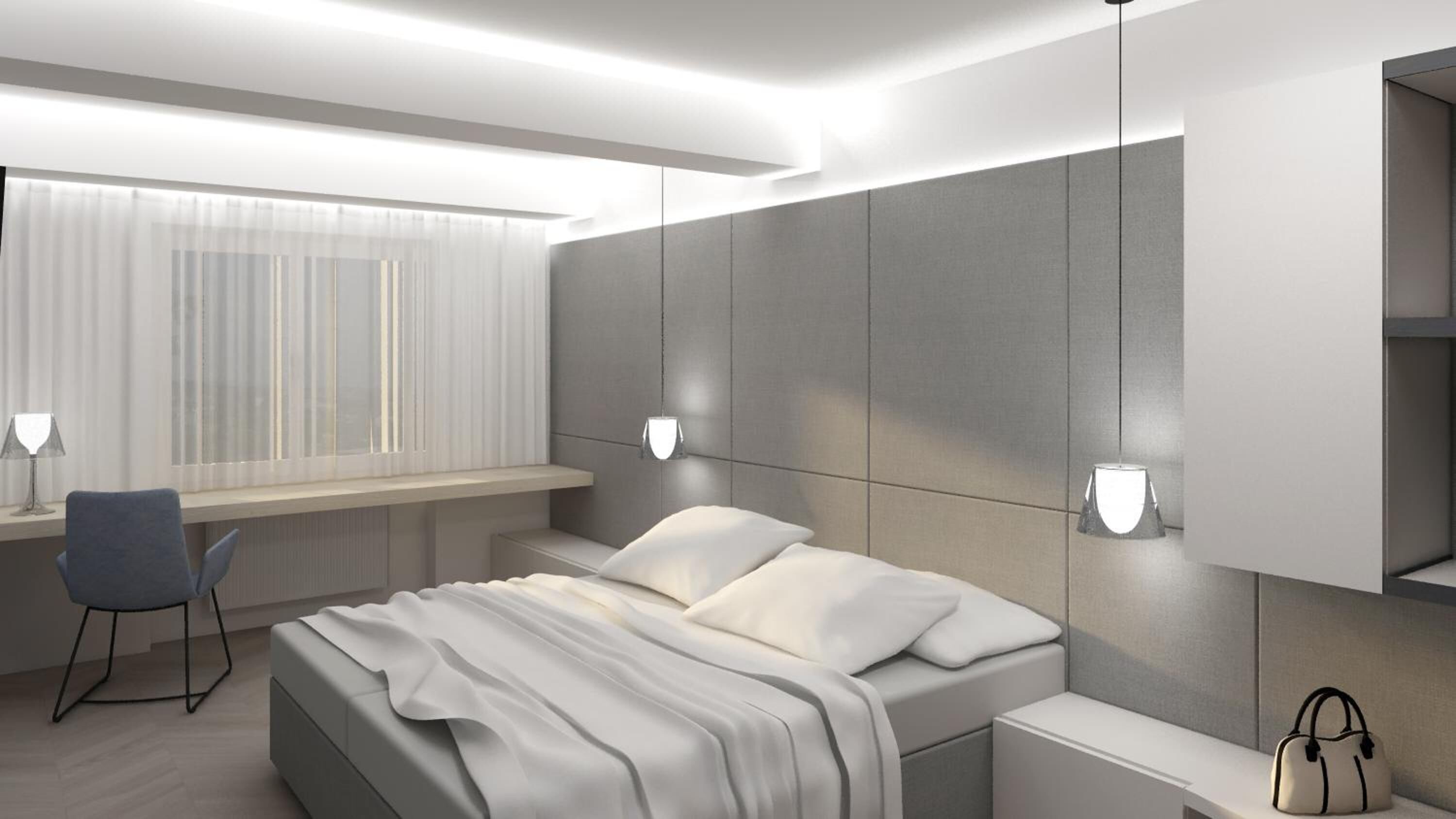 A modern hotel room with a bed, bedside tables, a desk, and a chair.