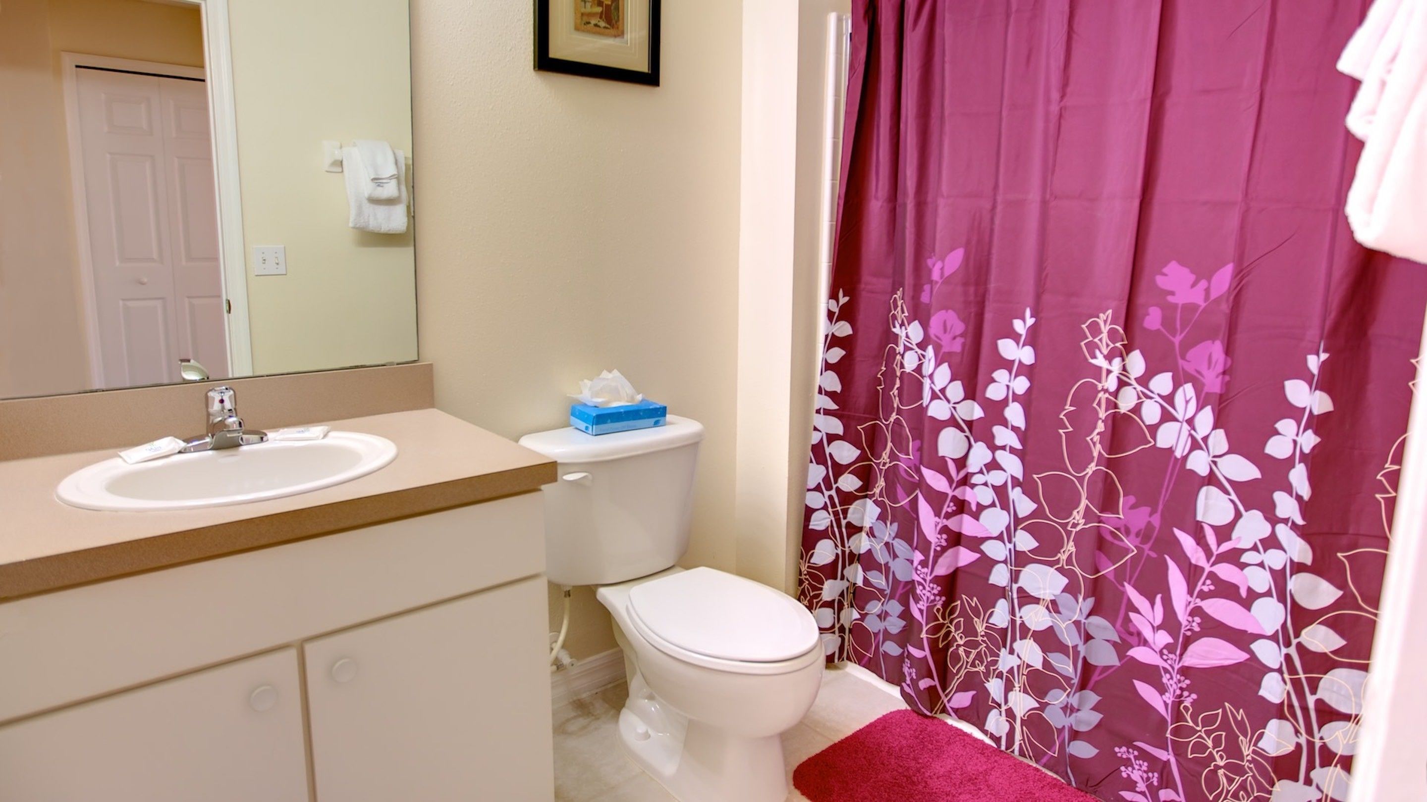 Een badkamer met een wastafel, toilet en douchegordijn.