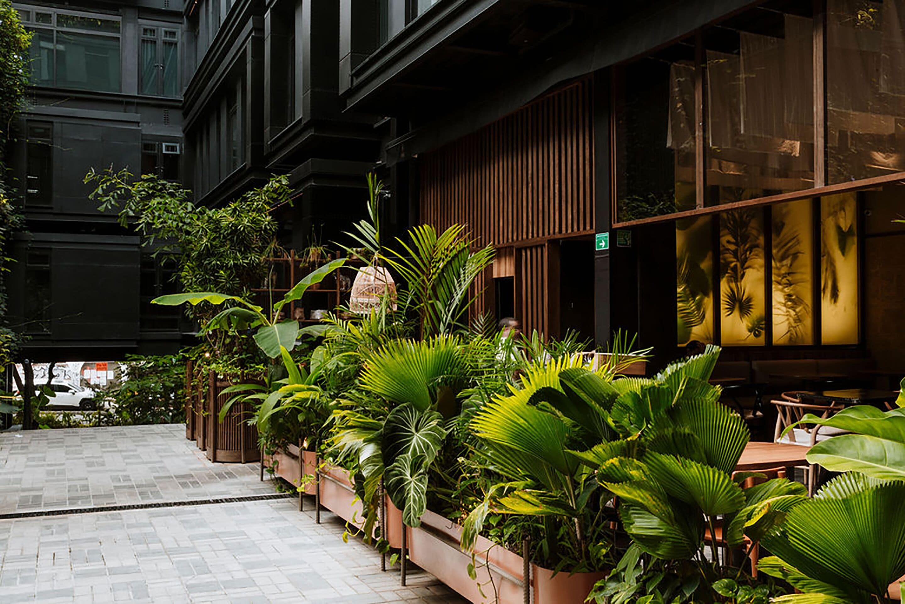 A courtyard with a row of potted plants and a seating area with tables and chairs.