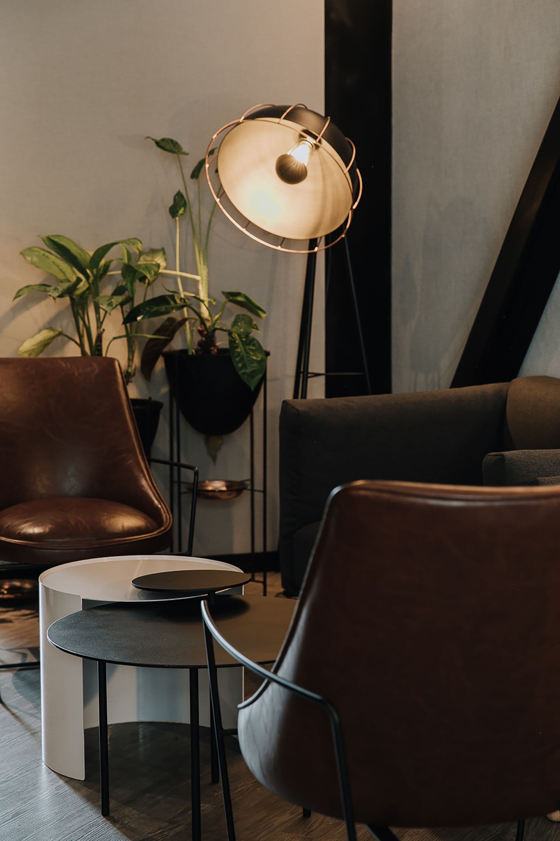 A modern living room with a brown leather armchair, a small round table, a floor lamp, and potted plants.