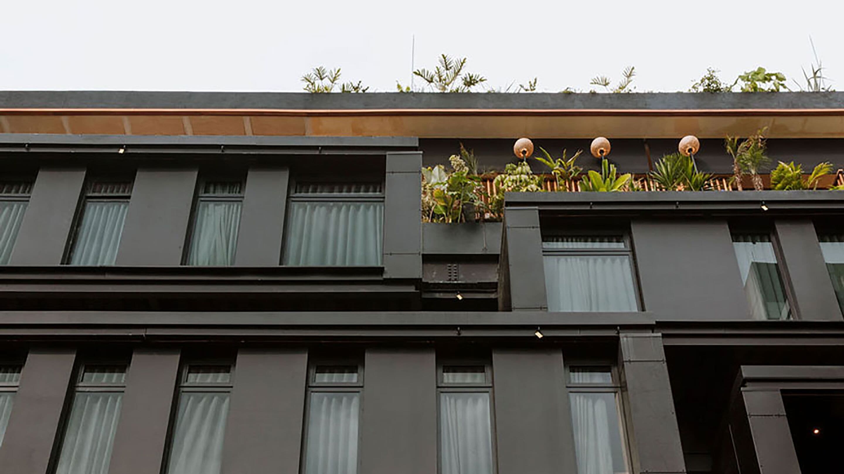 A modern building with a flat roof, large windows, and a balcony with plants.