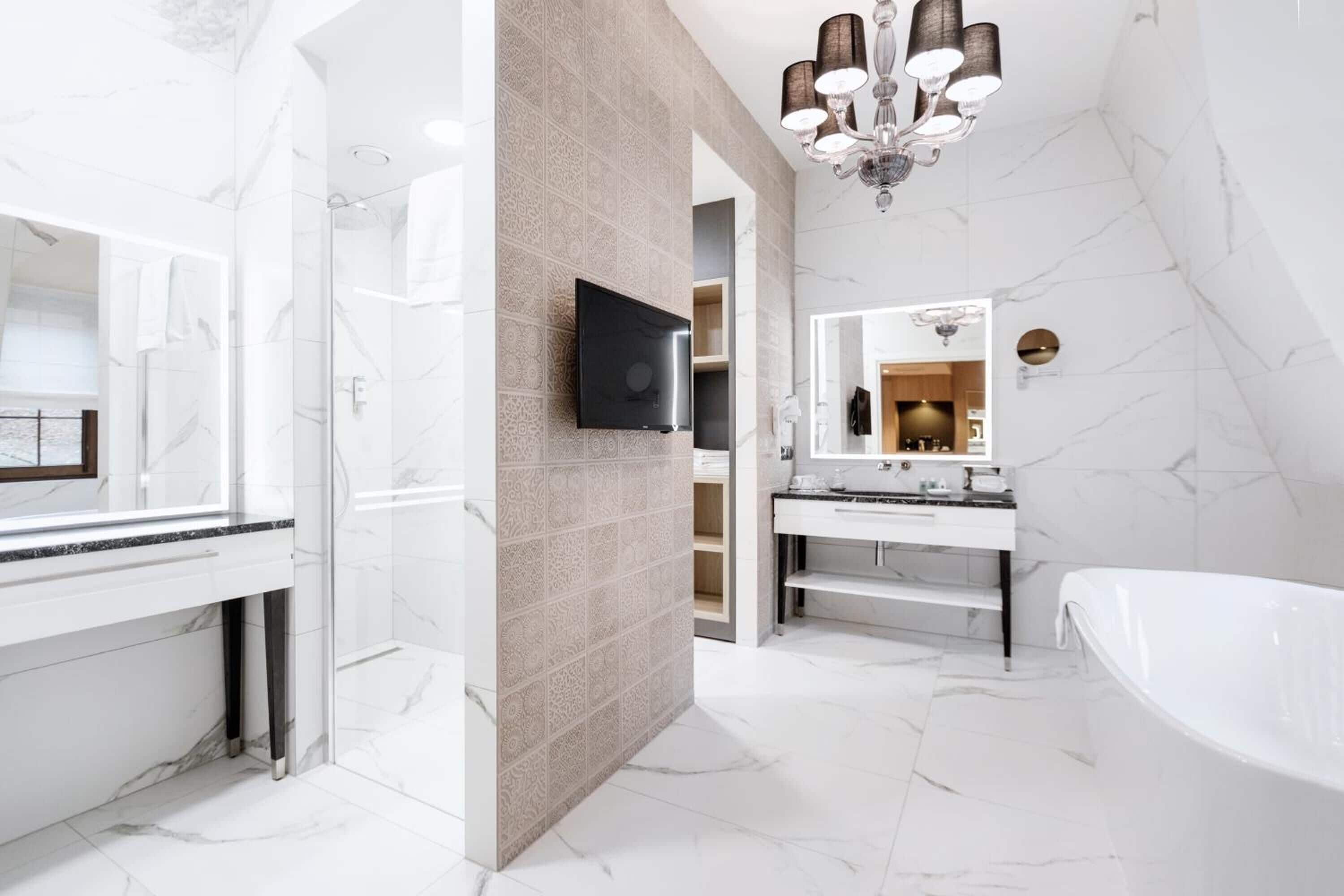 shower, hydromassage showerhead, hair dryer, bathrobes