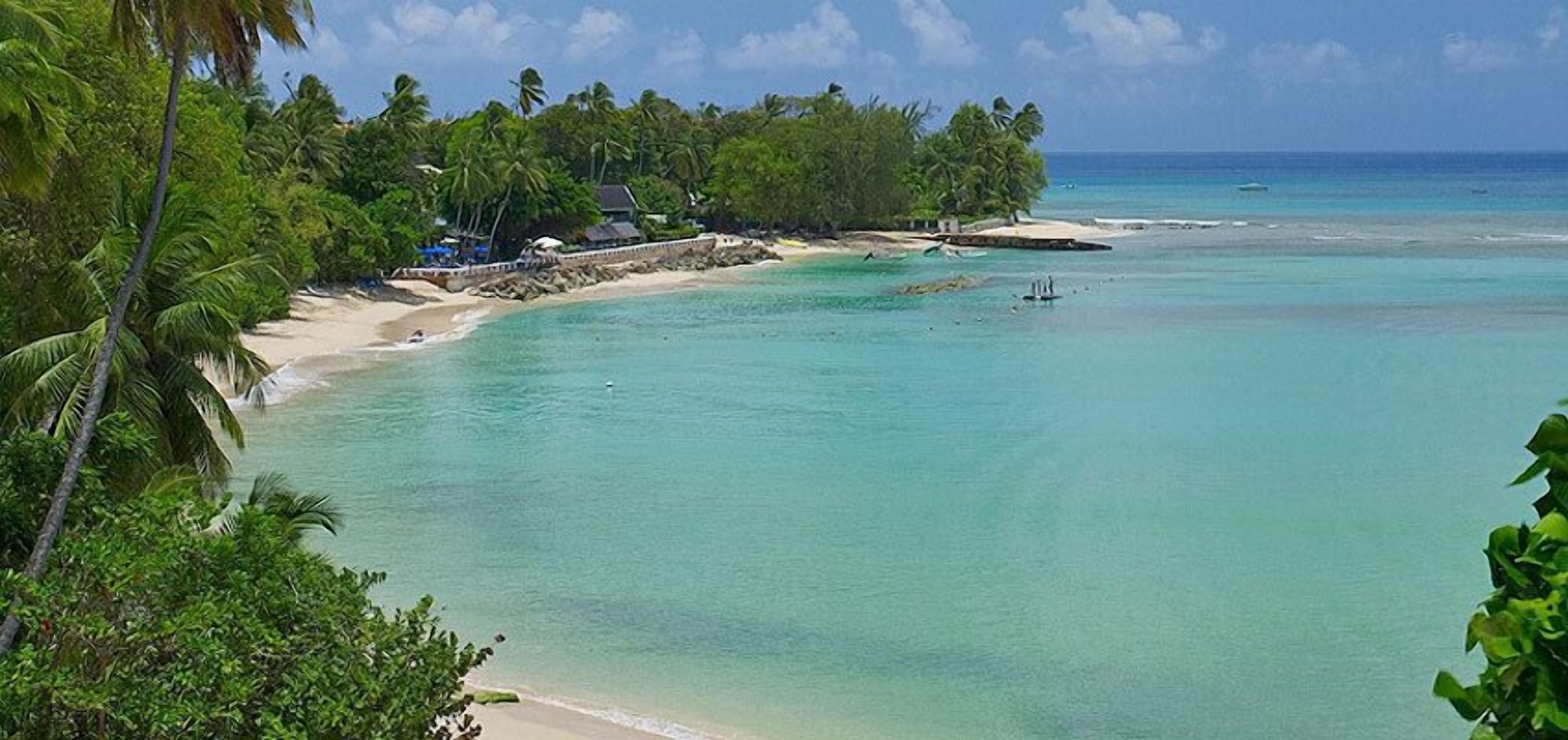 Una playa con agua turquesa cristalina, palmeras y un pequeño edificio en la orilla.