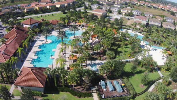 A residential area with a large swimming pool surrounded by palm trees and houses. - Stirling Vacation Home at Solterra (Davenport)