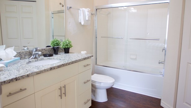 Une salle de bain équipée d’un lavabo, d’un miroir, de toilettes et d’une douche.