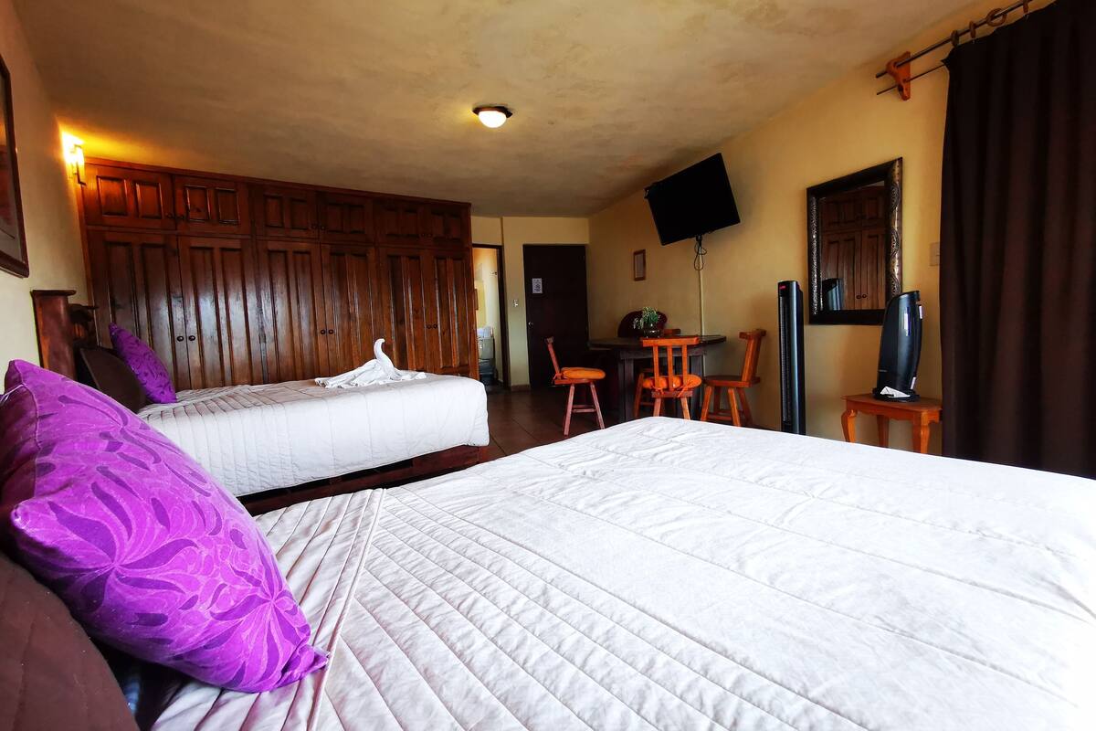 Habitación de hotel con dos camas, un escritorio, una silla, un televisor y armarios de madera.