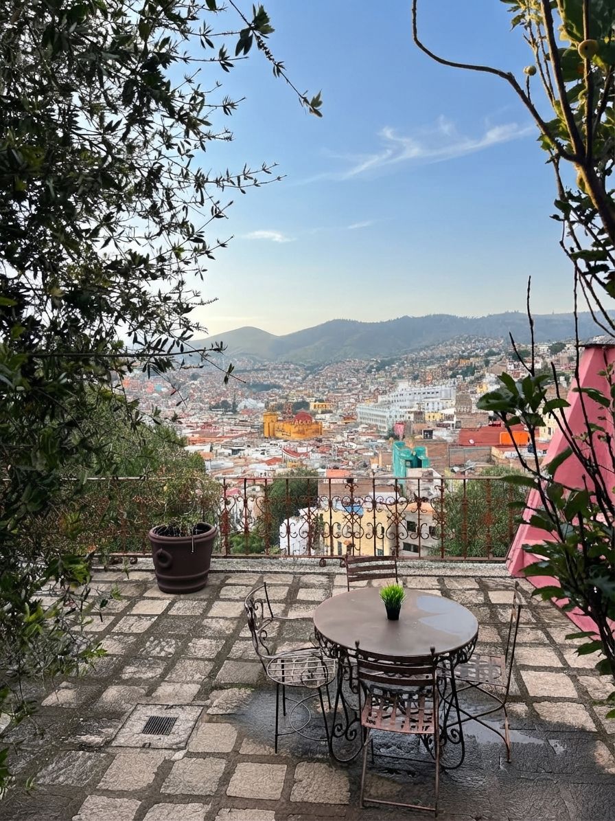 A terrace with a view of a cityscape, a table with chairs, and a potted plant.