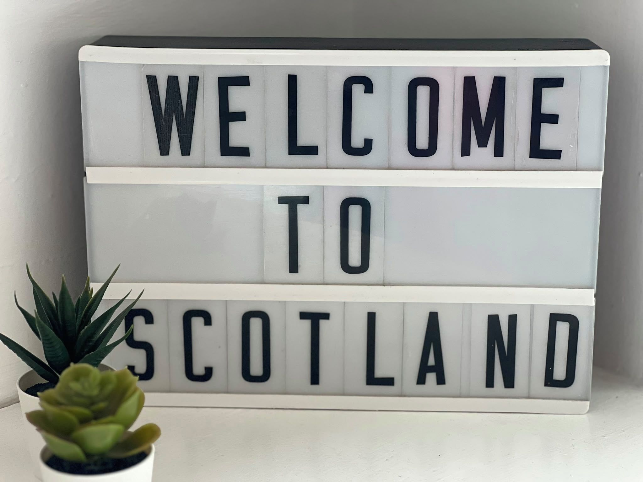 A lightbox sign with the text 'WELCOME TO SCOTLAND' and a small potted plant beside it.