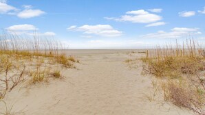 Un sentier de sable bordé de part et d’autre d’une végétation clairsemée, qui mène à la mer sous un ciel dégagé.